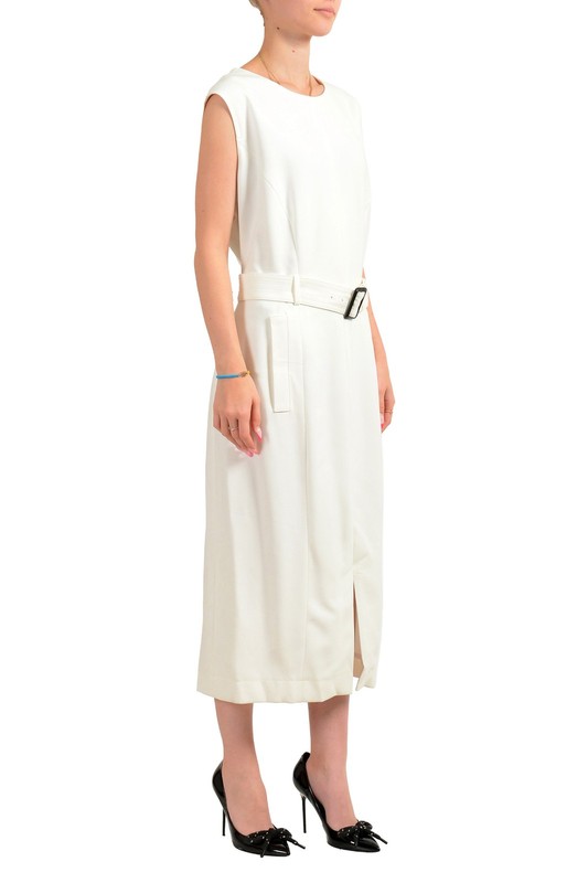 Hugo Boss Women's "Dadorina" Ivory Crewneck Belted Sleeveless Pencil Dress
