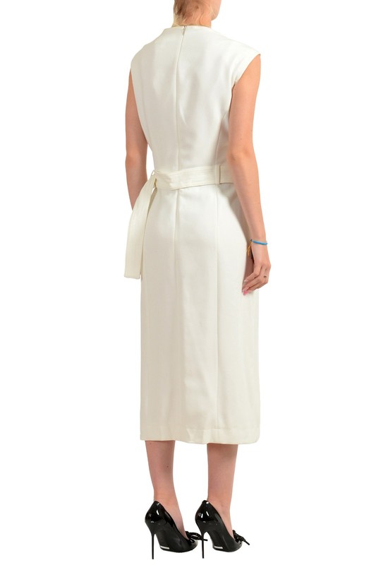 Hugo Boss Women's "Dadorina" Ivory Crewneck Belted Sleeveless Pencil Dress