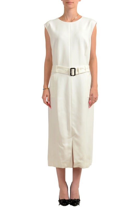 Hugo Boss Women's "Dadorina" Ivory Crewneck Belted Sleeveless Pencil Dress