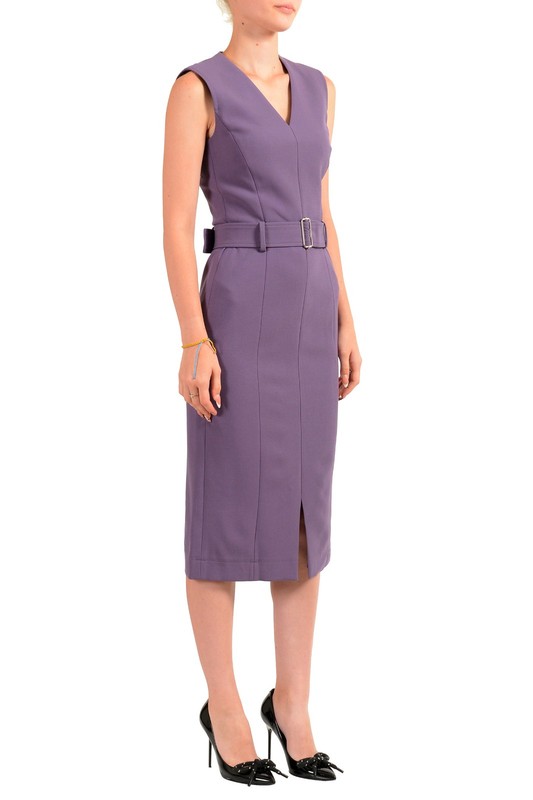Hugo Boss Women's "Dadorina" Purple V-Neck Belted Sleeveless Pencil Dress