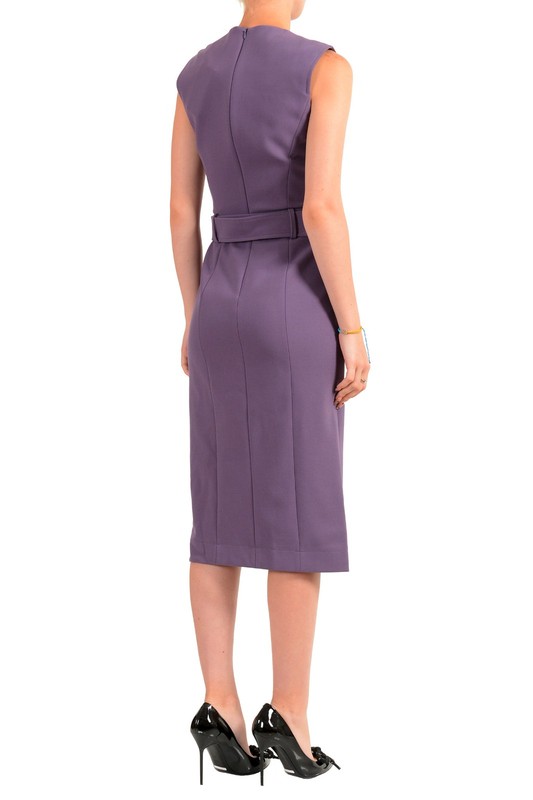 Hugo Boss Women's "Dadorina" Purple V-Neck Belted Sleeveless Pencil Dress