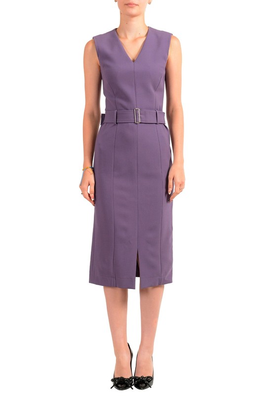 Hugo Boss Women's "Dadorina" Purple V-Neck Belted Sleeveless Pencil Dress