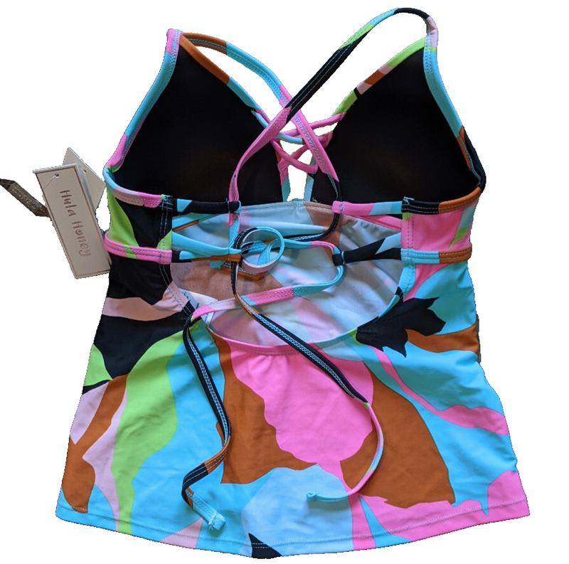 Hula Honey Tankini Small Swim Top Stretch Nylon Blue Pink