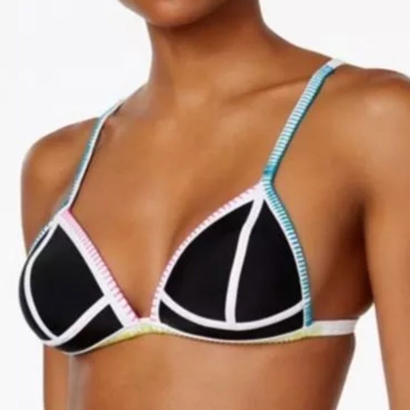 Hula Honey Women's 2 Piece Black Bikini W/White & Multi-Colored Trim-Size S -NWT