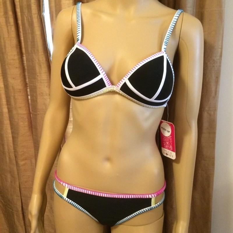 Hula Honey Women's 2 Piece Black Bikini W/White & Multi-Colored Trim-Size S -NWT