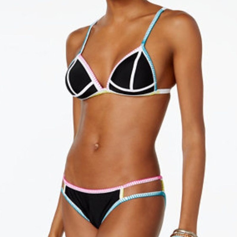 Hula Honey Women's 2 Piece Black Bikini w/White & Multi-Colored Trim-Size S -NWT