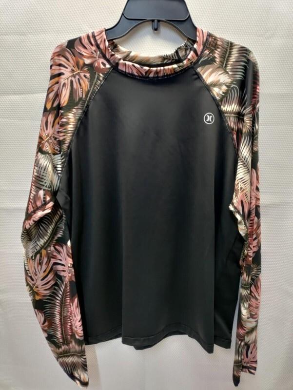 Hurley Swim Shirt Women’s Size M L/S Black Rash Guard Scattered Palm UPF 50