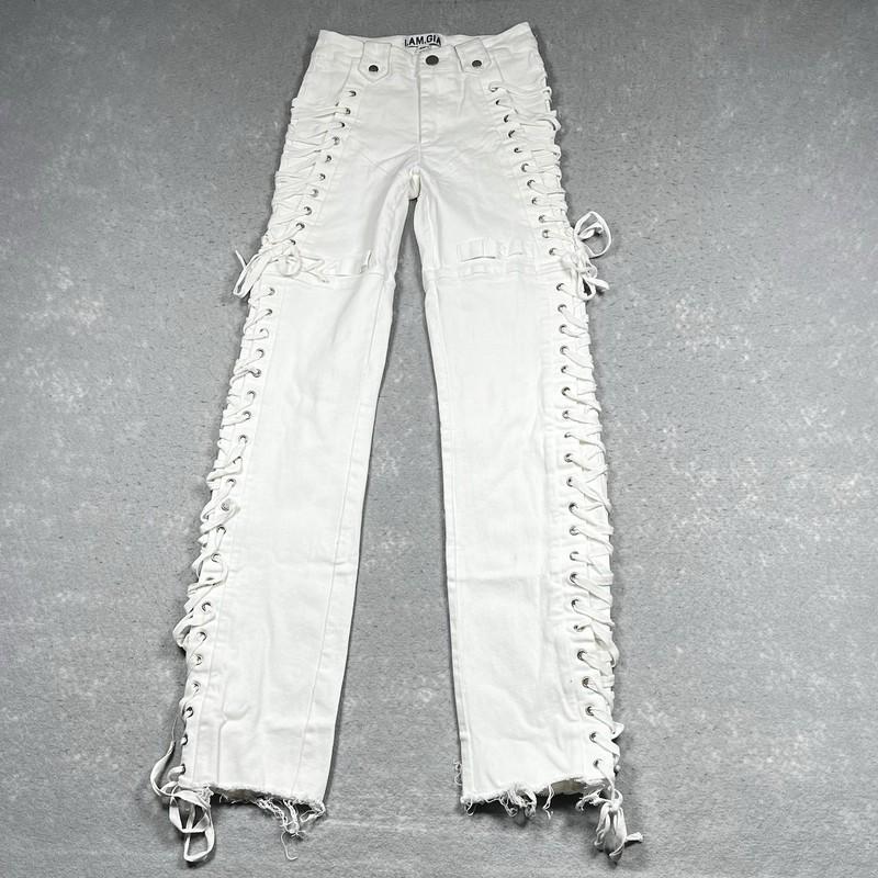 I Am Gia Jeans Womens XS White Holly Flare Lace Up Grunge Punk Stretch High Rise