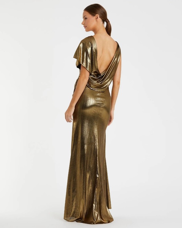 Ieena For Mac Duggal NWT Asymmetrical Draped Metallic Trumpet Gown Size 18