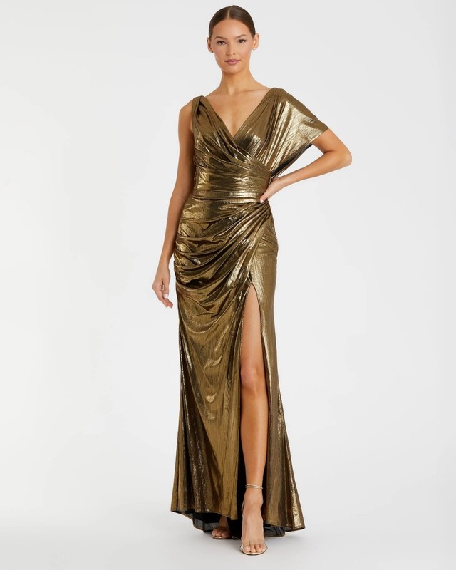 Ieena for Mac Duggal NWT Asymmetrical Draped Metallic Trumpet Gown Size 18