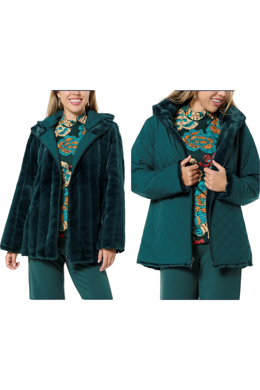 IMAN Global Chic Women's Reversible Faux Fur/Quilted Green Spruce