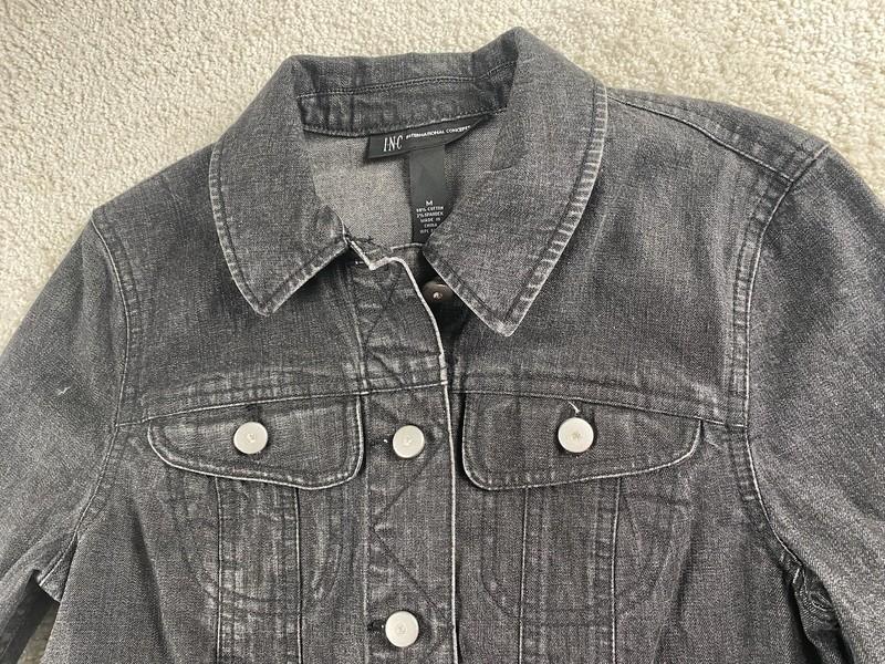 INC International Concepts JEAN Jacket Women M Black Trucker SKULL RHINESTONE