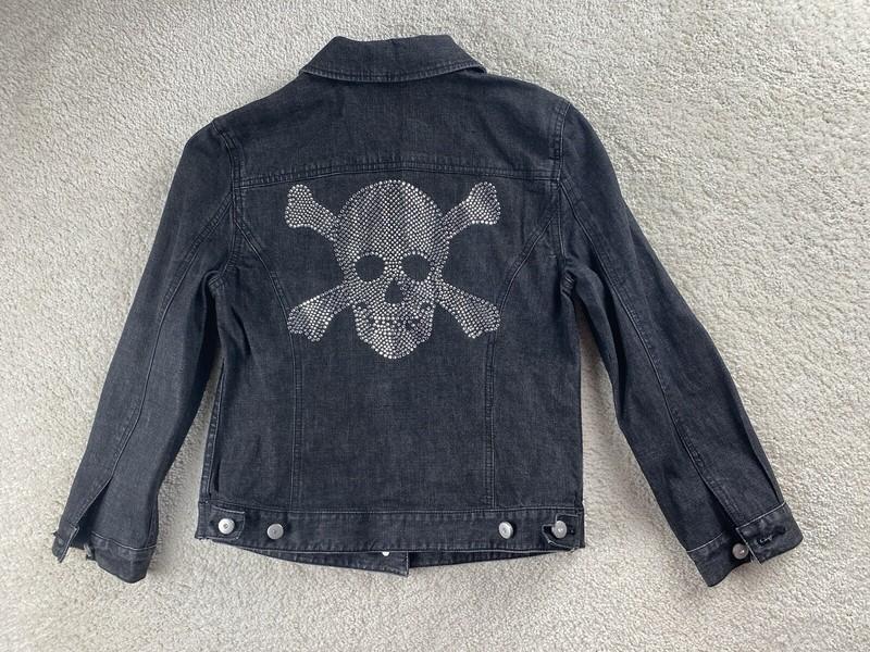 INC International Concepts JEAN Jacket Women M Black Trucker SKULL RHINESTONE