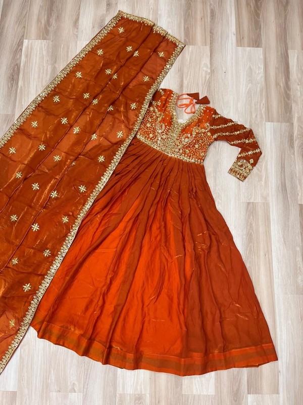 Indian Designer Orange Fendy Gown With Beautiful Dupatta For Wedding Wear