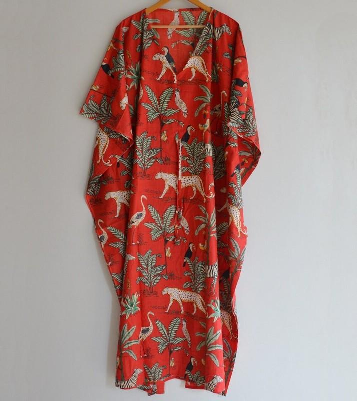 Indian Vintage 100% Cotton Long Beach Maxi Kaftan Dress One Size Caftan Kimono