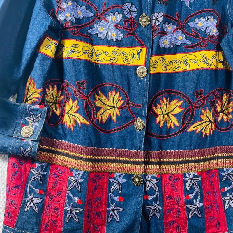 Indigo Moon Women Denim Jacket M Embroidered Floral Button Up Vintage Western