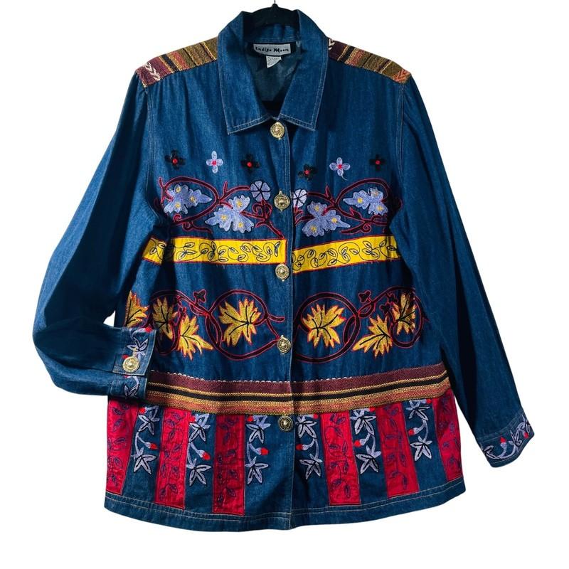Indigo Moon Women Denim Jacket M Embroidered Floral Button Up Vintage Western
