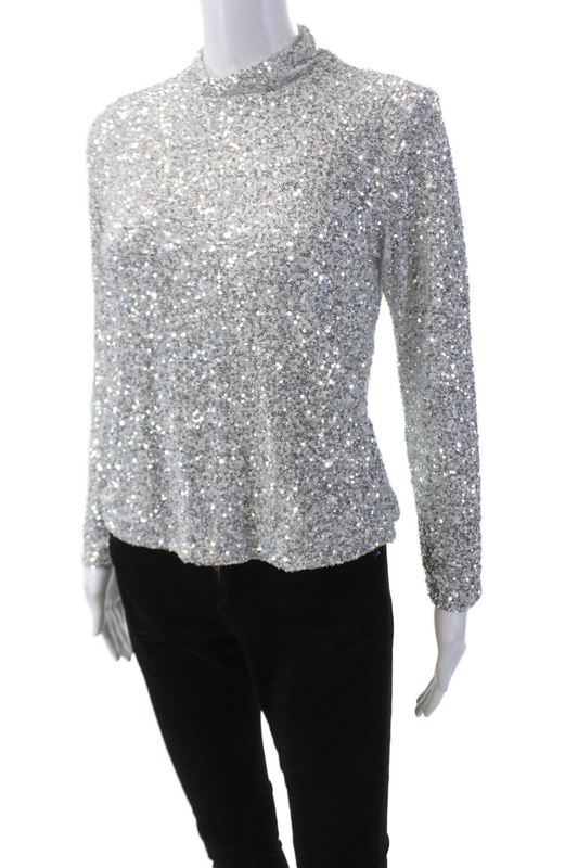Insight Womens Sequins High Neck Zip Back Long Sleeve Blouse Top Silver Size XL