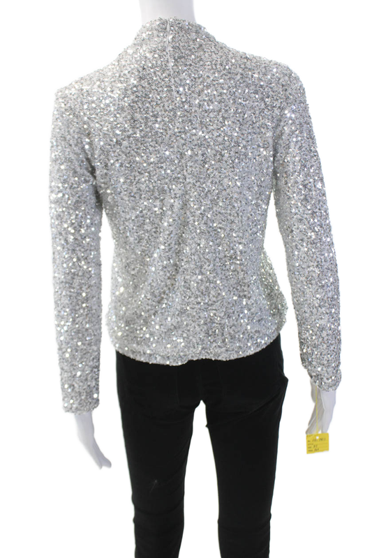 Insight Womens Sequins High Neck Zip Back Long Sleeve Blouse Top Silver Size XL