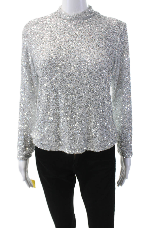 Insight Womens Sequins High Neck Zip Back Long Sleeve Blouse Top Silver Size XL