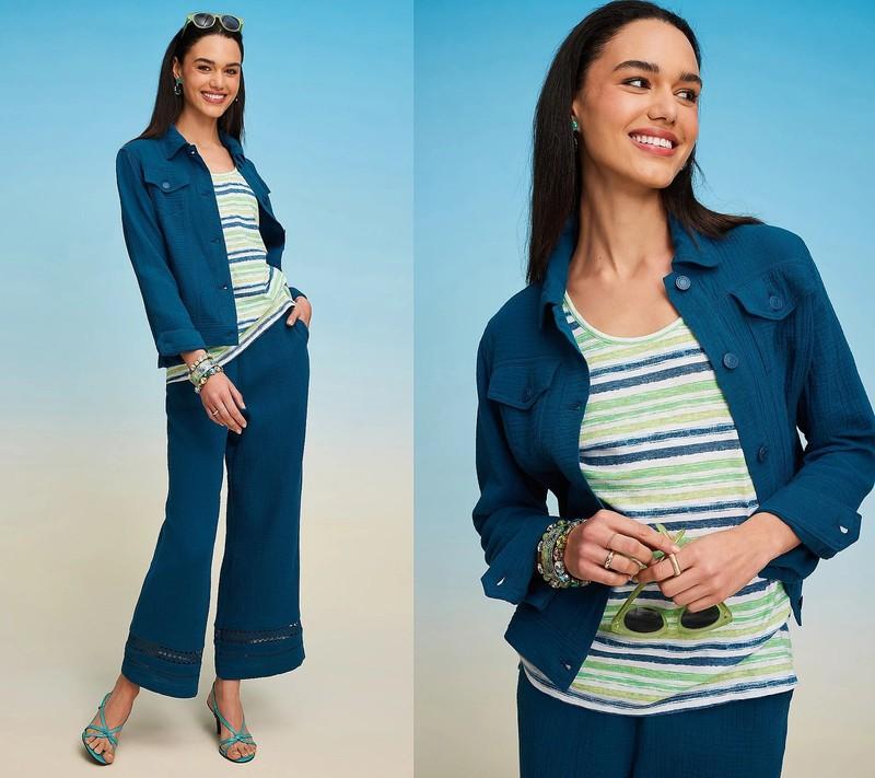 Isaac Mizrahi Live Bridgehampton Cotton Gauze Jacket Deep Sea L New