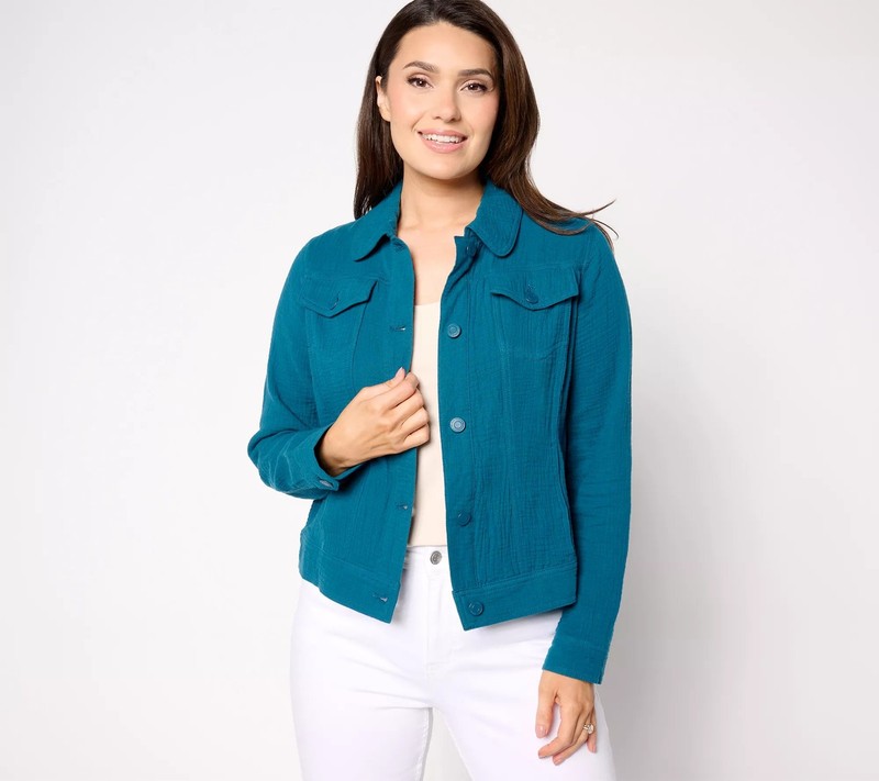 Isaac Mizrahi Live Bridgehampton Cotton Gauze Jacket Deep Sea L New