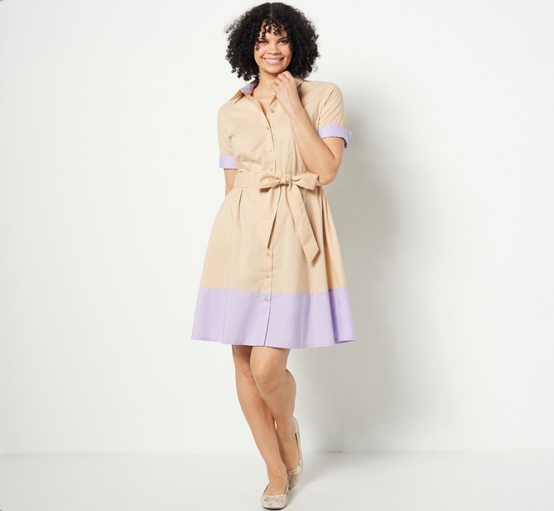 Isaac Mizrahi Live Color Block Poplin Dress Size 0 Biscotti A499638