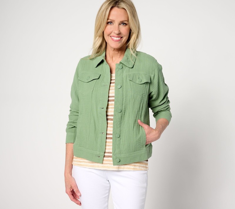 Isaac Mizrahi Live Women's Jacket Sz M Bridgehampton Cotton Gauze Green A643638