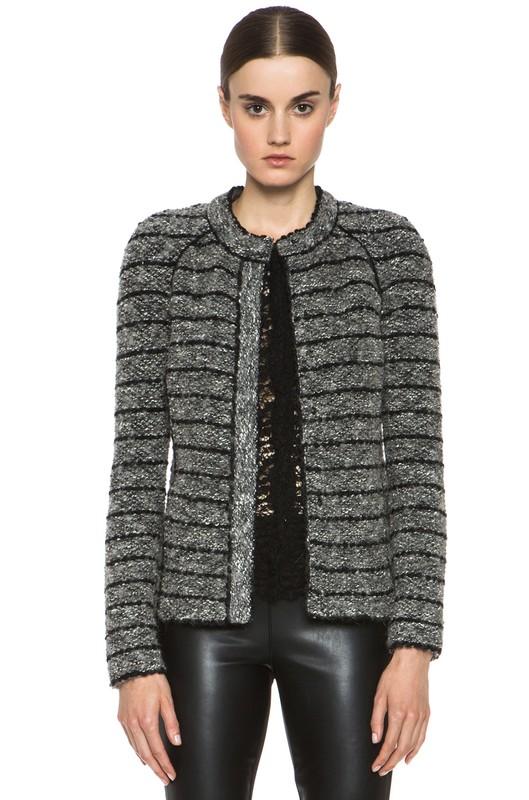 ISABEL MARANT 36/4 IONA Gray Black Striped Boucle Knit Jacket Wool Cardigan 1300