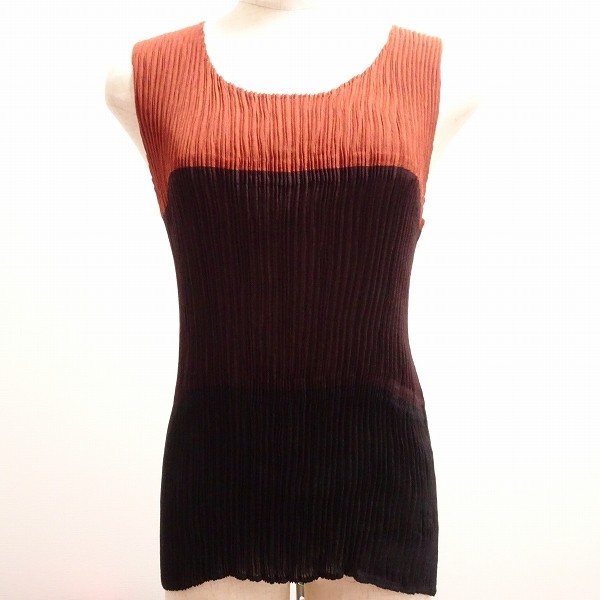 Issey Miyake Tank Top M Brown Black Pleated Women Japan