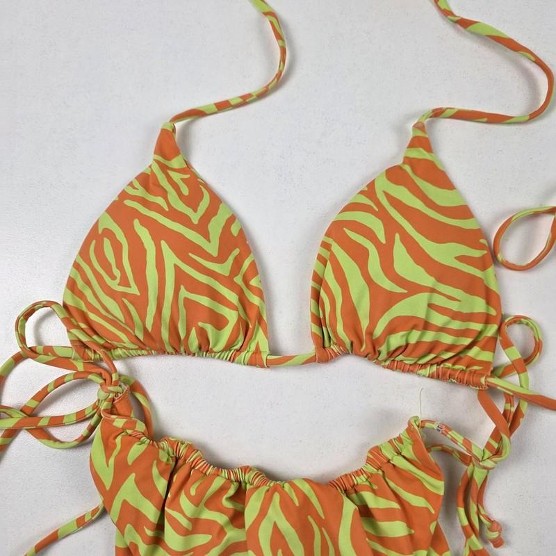 It's Now Cool Bikini Set Womens Small Orange Green Zebra Triangle Tie Side