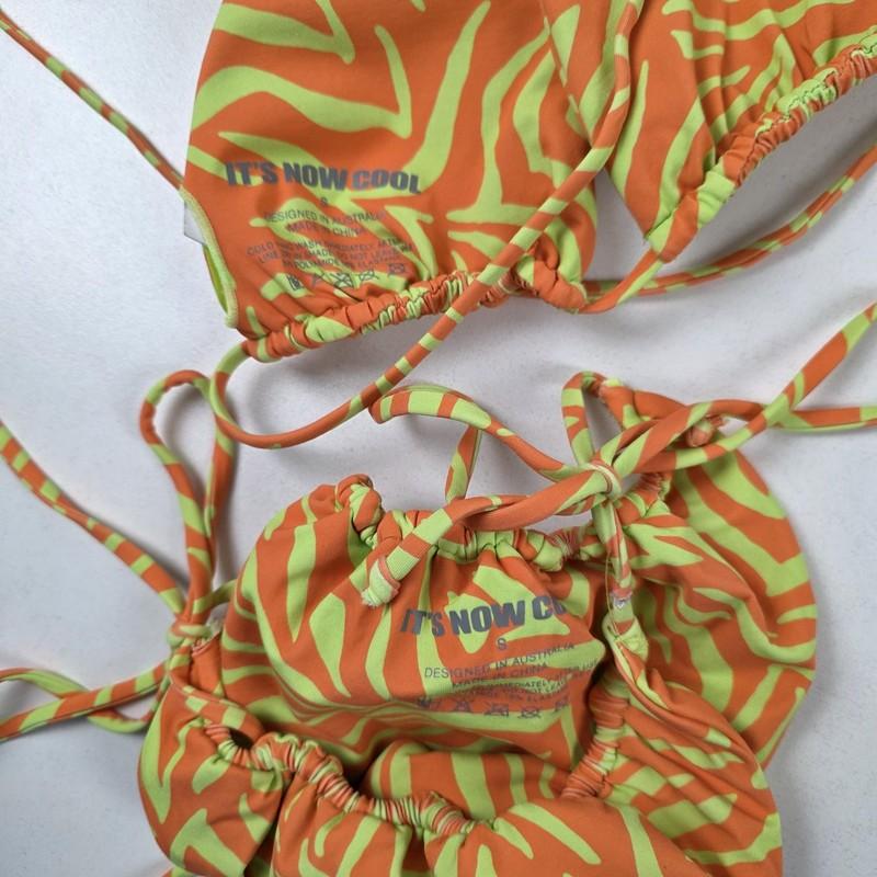 It's Now Cool Bikini Set Womens Small Orange Green Zebra Triangle Tie Side