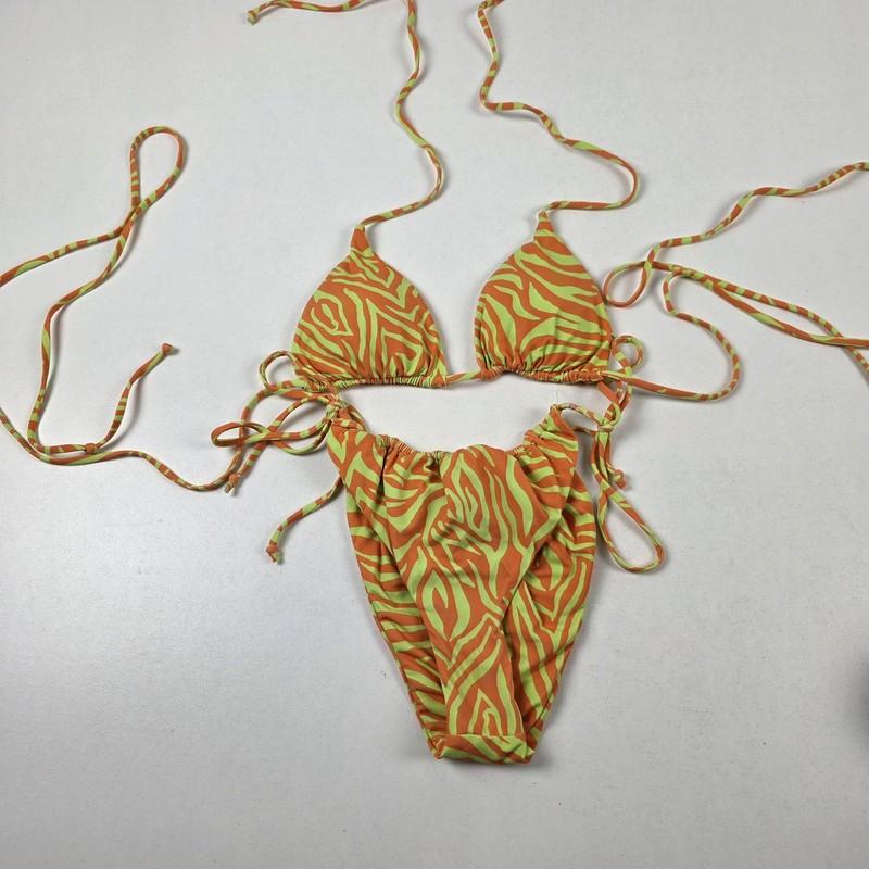 It's Now Cool Bikini Set Womens Small Orange Green Zebra Triangle Tie Side