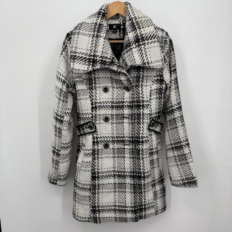IZ Byer Women's Plaid Double Breasted Tweed Coat Jacket Sz M Office Black City