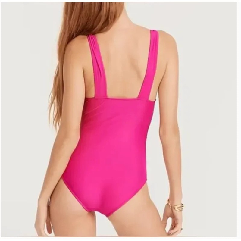 J. Crew Size 14 Ruched V-Neck One Piece Swimsuit Fuchsia Pink Swim Beach BC116