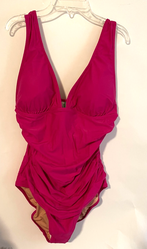 J. Crew Size 14 Ruched V-Neck One Piece Swimsuit Fuchsia Pink Swim Beach BC116
