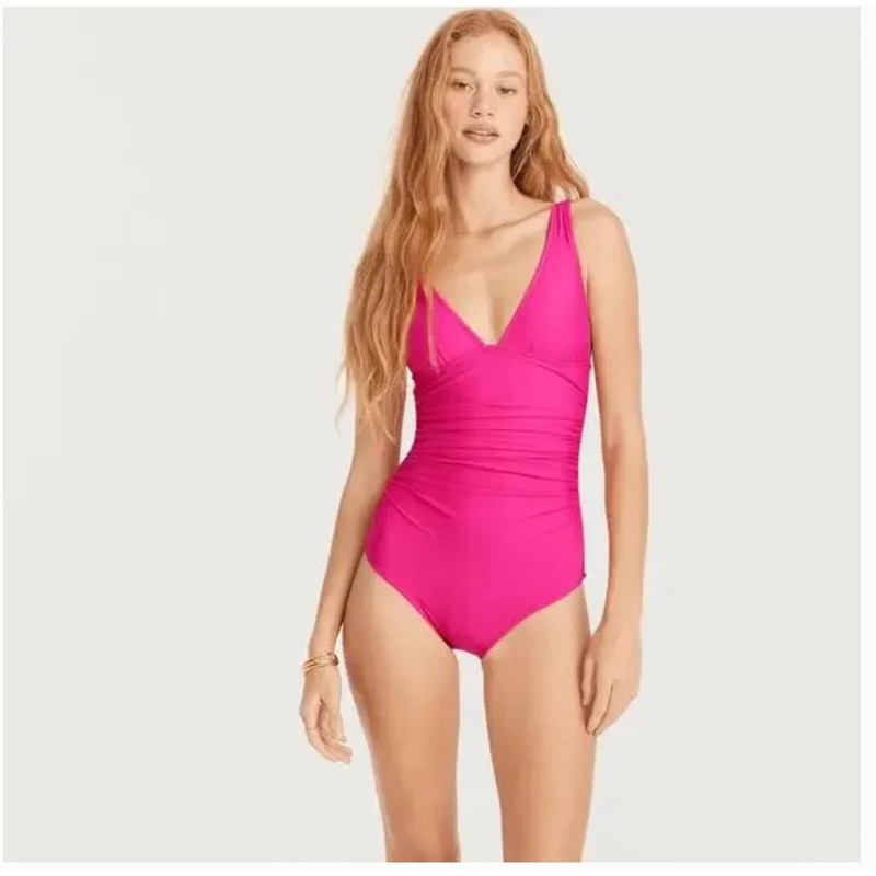 J. Crew Size 14 Ruched V-Neck One Piece Swimsuit Fuchsia Pink Swim Beach BC116