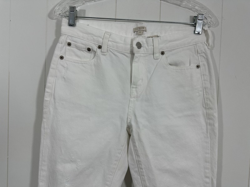 J Crew Sz 25 Women’s White Mid Rise Straight Leg Distress Denim Jeans