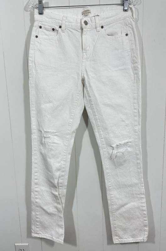 J Crew Sz 25 Women’s White Mid Rise Straight Leg Distress Denim Jeans