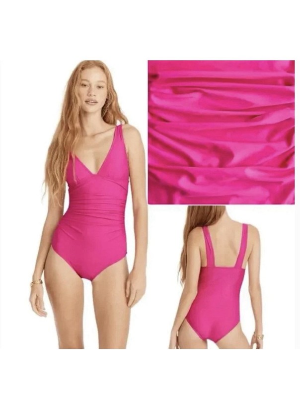 J.Crew Women’s Ruched V Neck One Piece Swimsuit Radiant Fuchsia BC116 Size 6