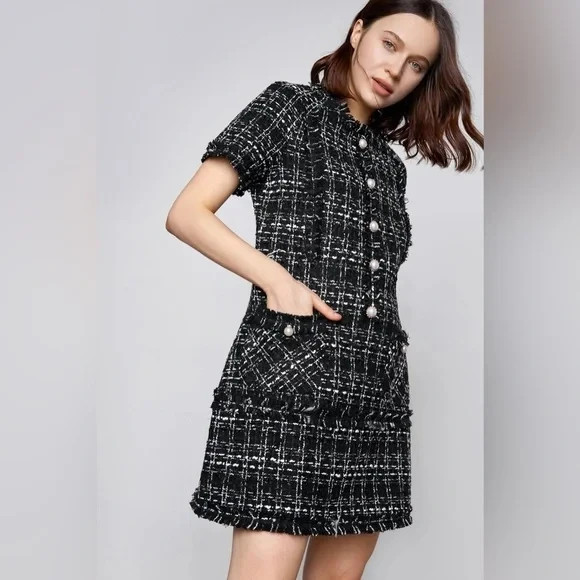 J.ING Jing Emry Black Button Detail Fitted Waist Tweed Mini Dress Size Small NWT