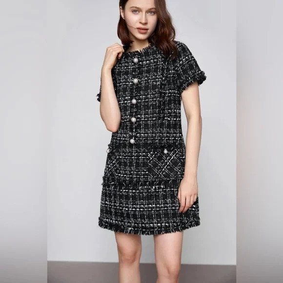 J.ING Jing Emry Black Button Detail Fitted Waist Tweed Mini Dress Size Small NWT
