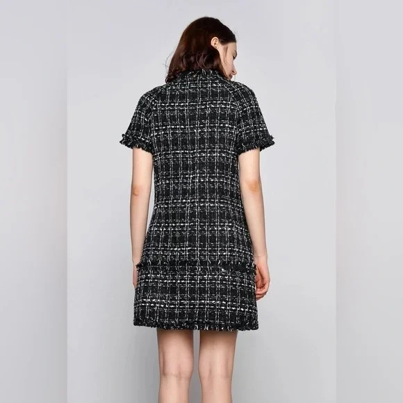 J.ING Jing Emry Black Button Detail Fitted Waist Tweed Mini Dress Size Small NWT
