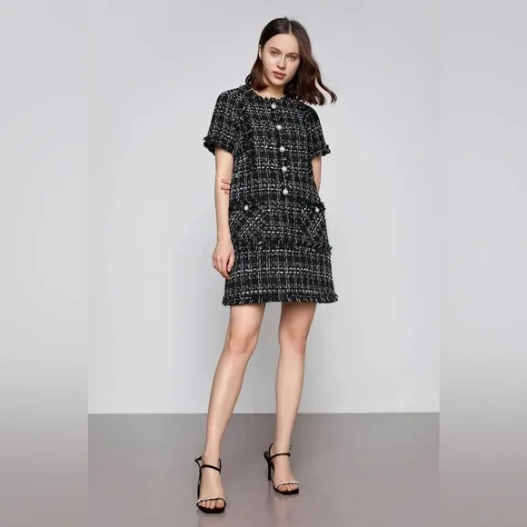 J.ING Jing Emry Black Button Detail Fitted Waist Tweed Mini Dress Size Small NWT