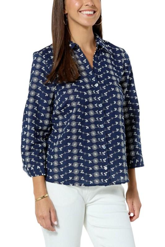 Jaclyn Smith Floral Eyelet Button-Up Top Navy