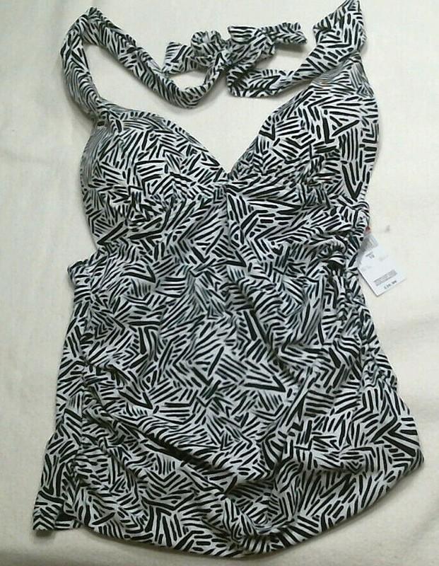 Jaclyn Smith Swim Halter Tankini Top Black/White Print Missy Sizes NWT