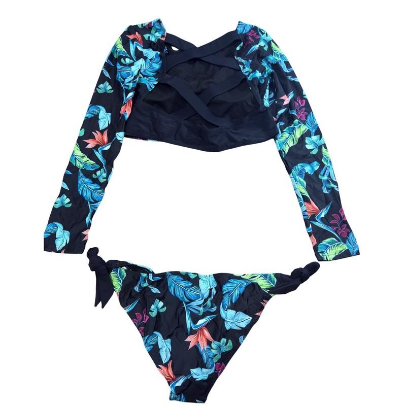 JadeRich Womens Long Sleeve Swimsuit 2 Piece Bikini Set Tropical Print XL