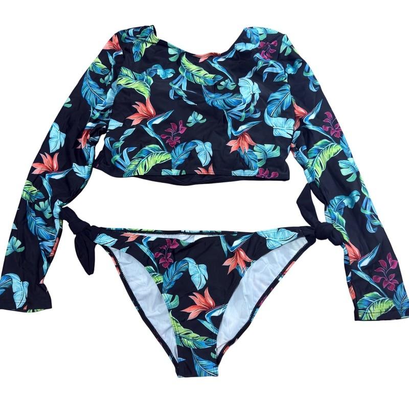 JadeRich Womens Long Sleeve Swimsuit 2 Piece Bikini Set Tropical Print XL