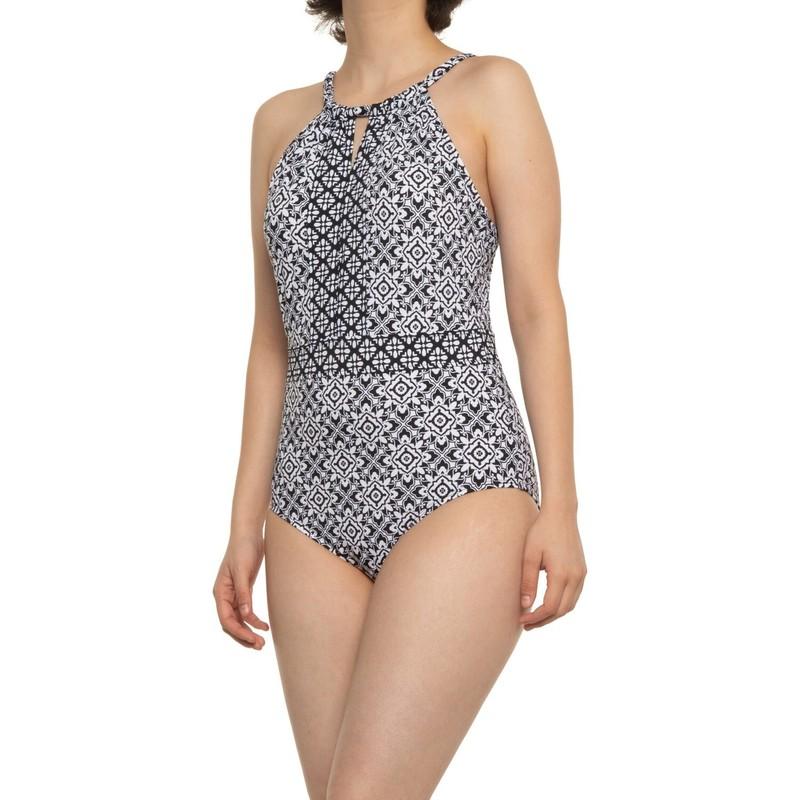 Jantzen Black Monotone Printed High Neck 1-Piece Swimsuit Size 12