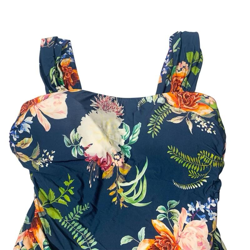 Jantzen Women Floral One Piece Blue Swimsuit Wide Strap Ruched Bathing Sz 14